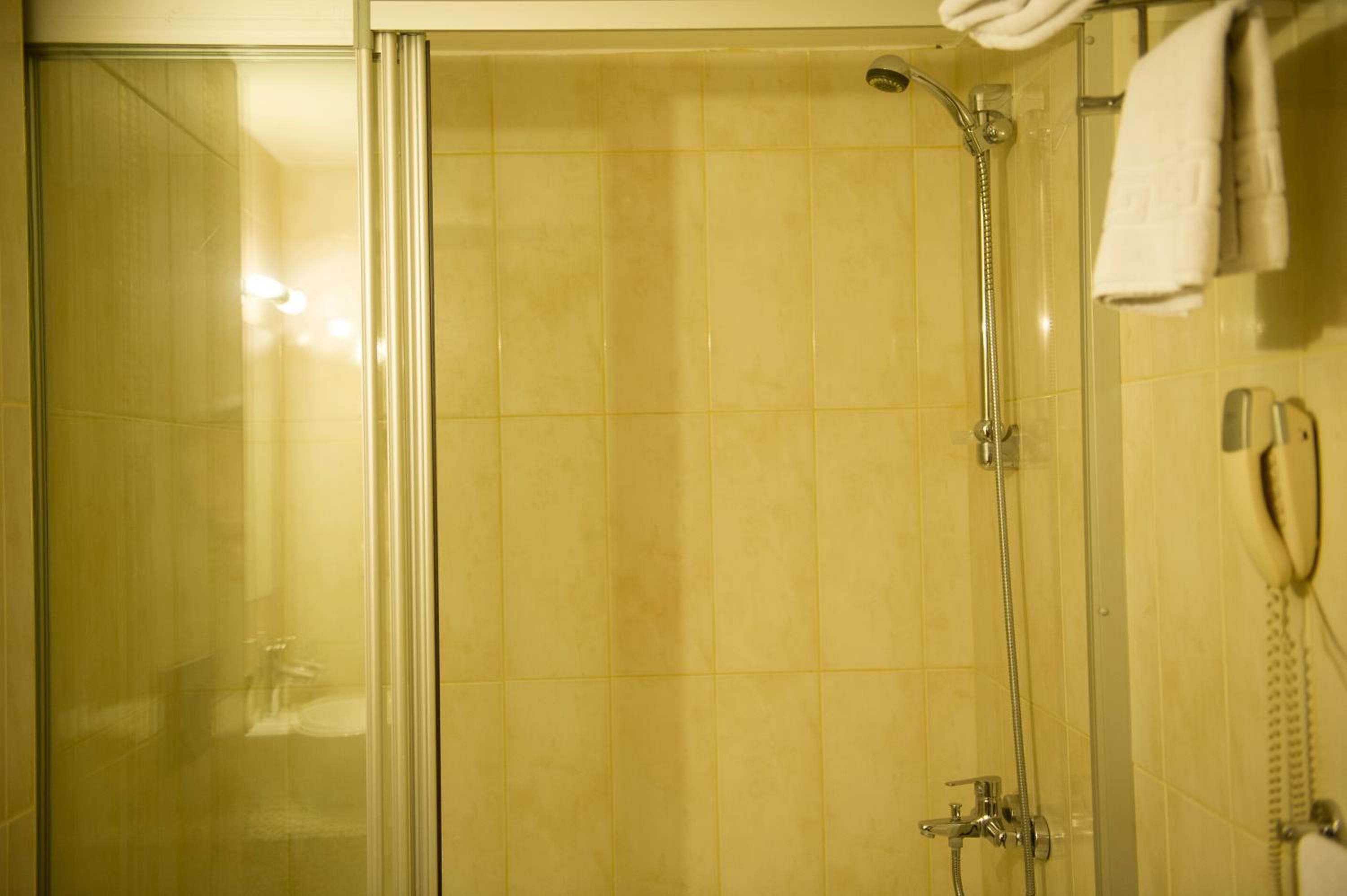 Un espacio de ducha con puerta de vidrio, un cabezal de ducha manual y un grifo empotrado.