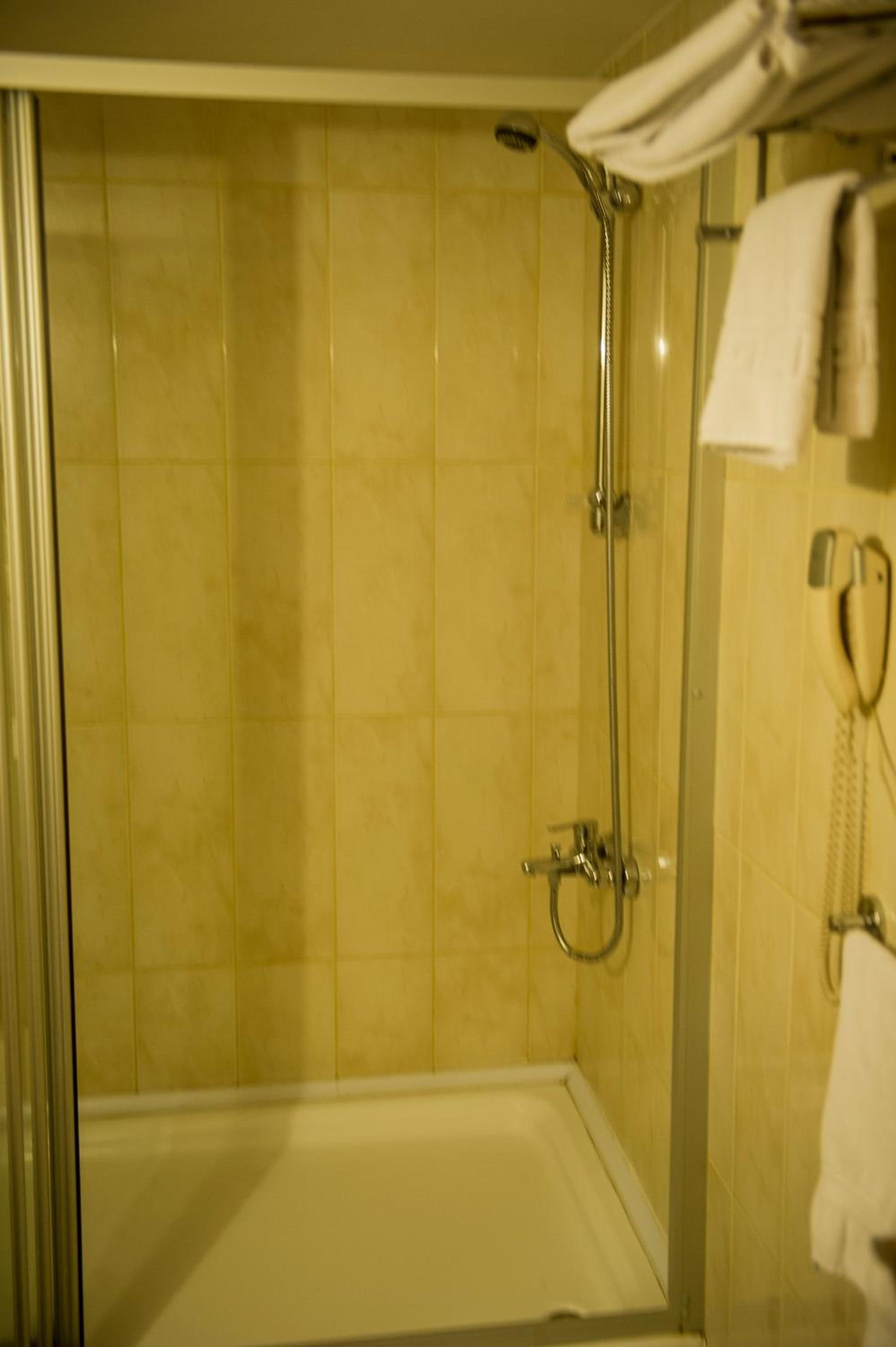 A bathroom with a shower, a toilet, and a towel rack.