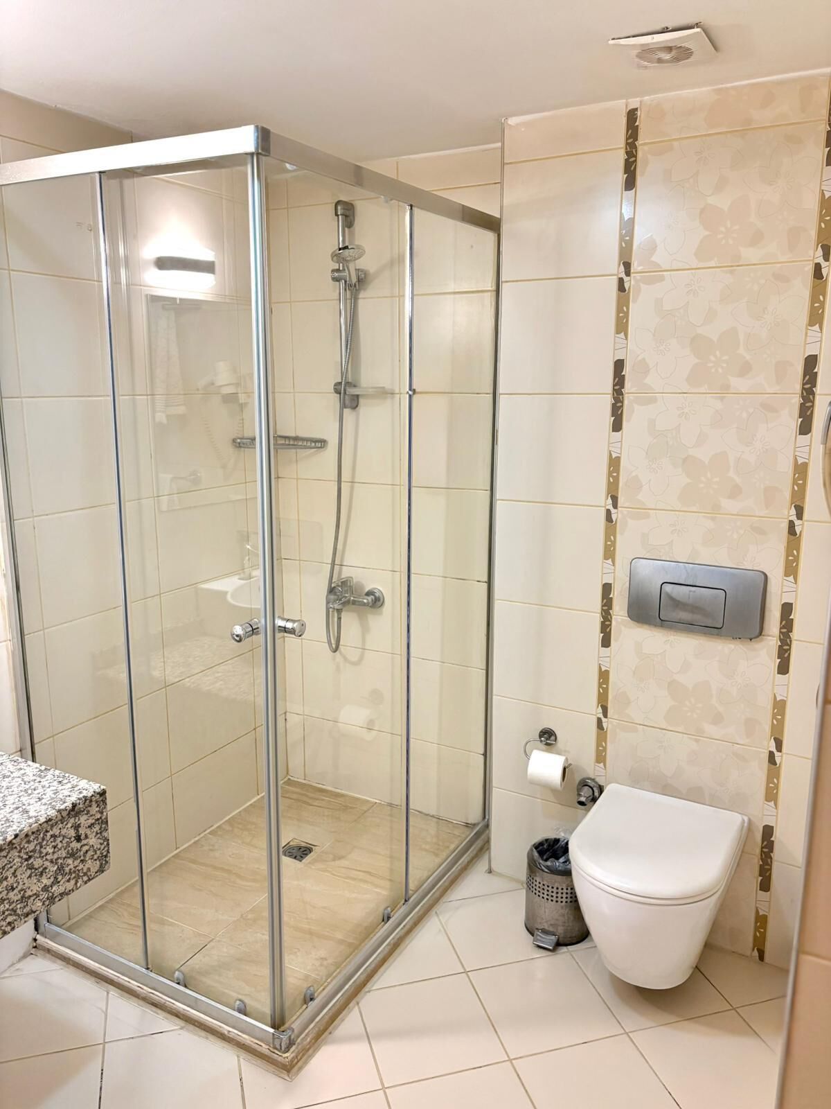 A glass-enclosed shower with a handheld showerhead, a toilet, and a trash bin in a bathroom with patterned tiles.