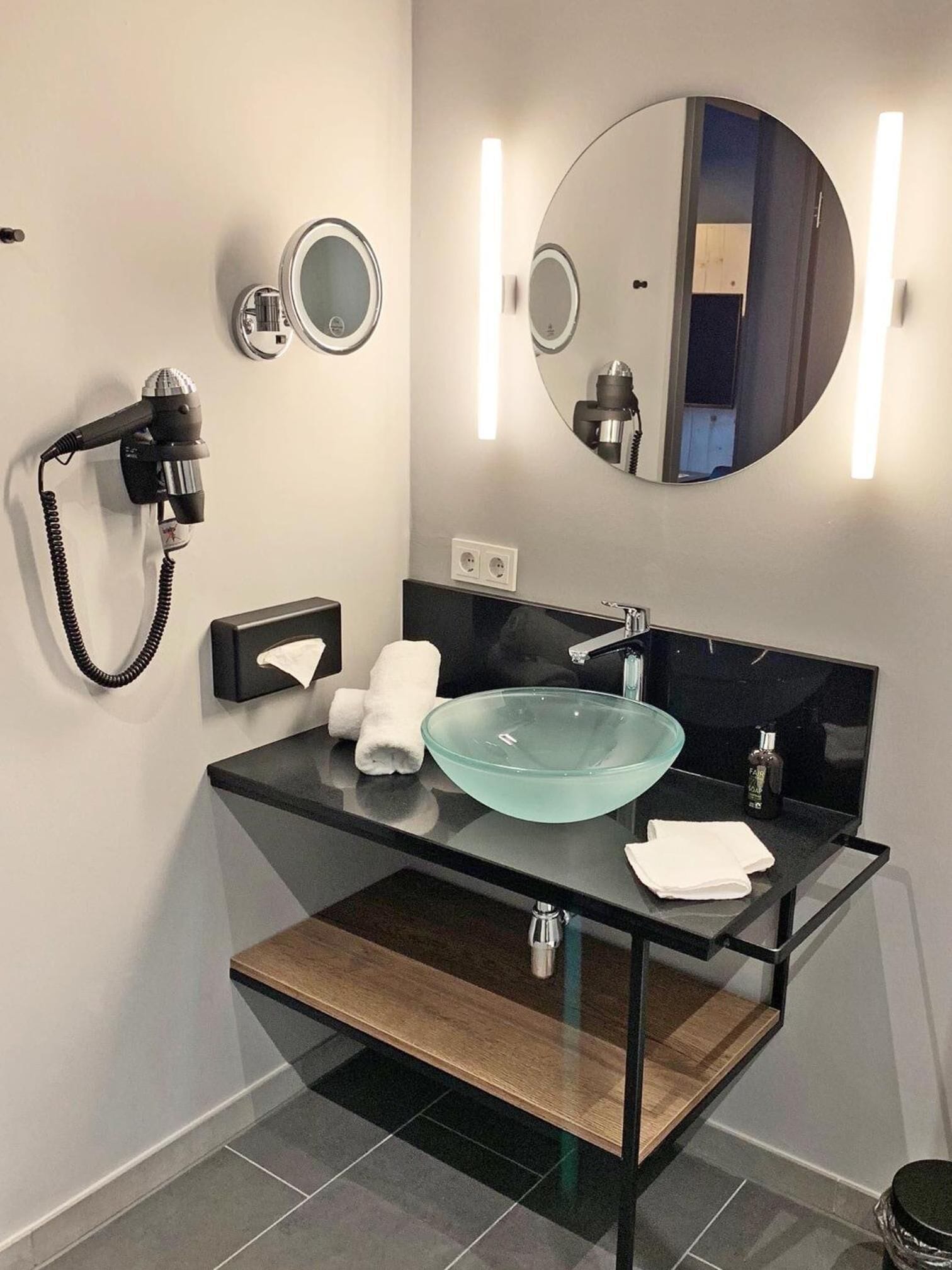 shower, rainfall showerhead, hair dryer, towels