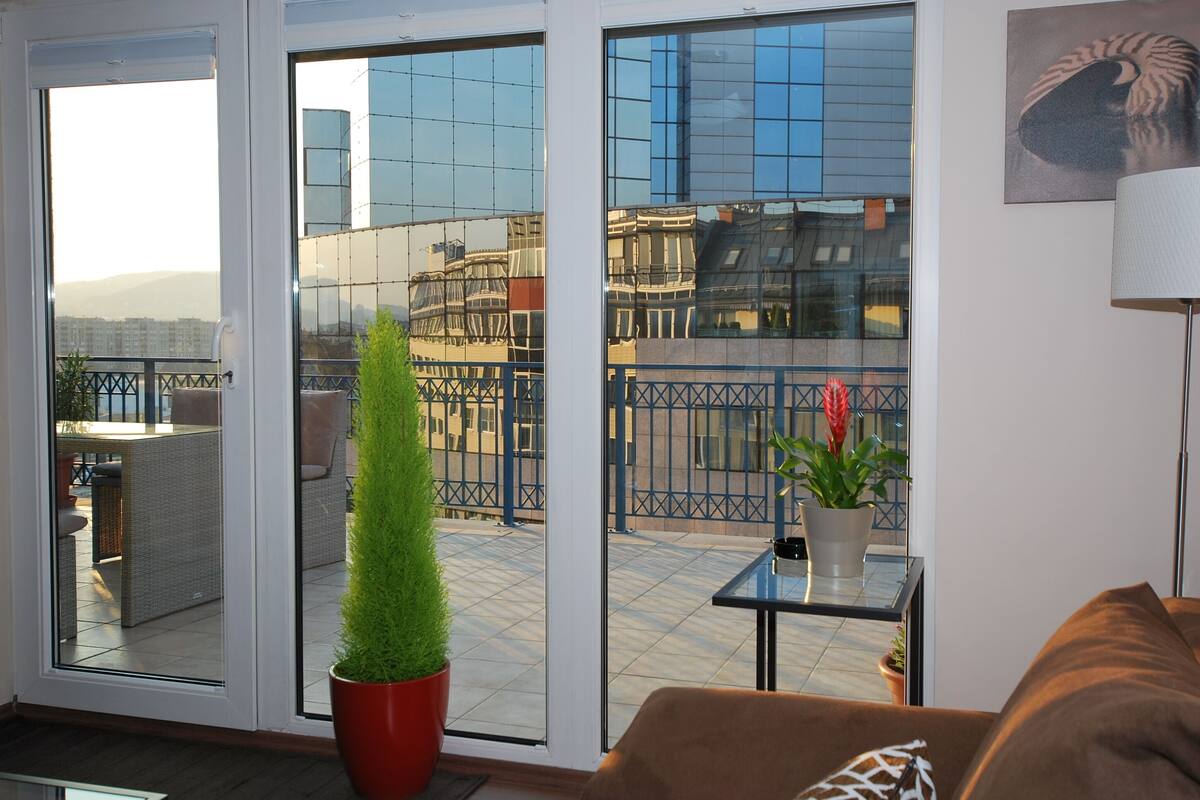 A modern living room with a glass door leading to a balcony, a potted plant, a small table, and a couch.