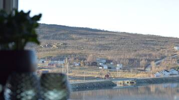 A view of a lake with buildings and a hill in the background.
