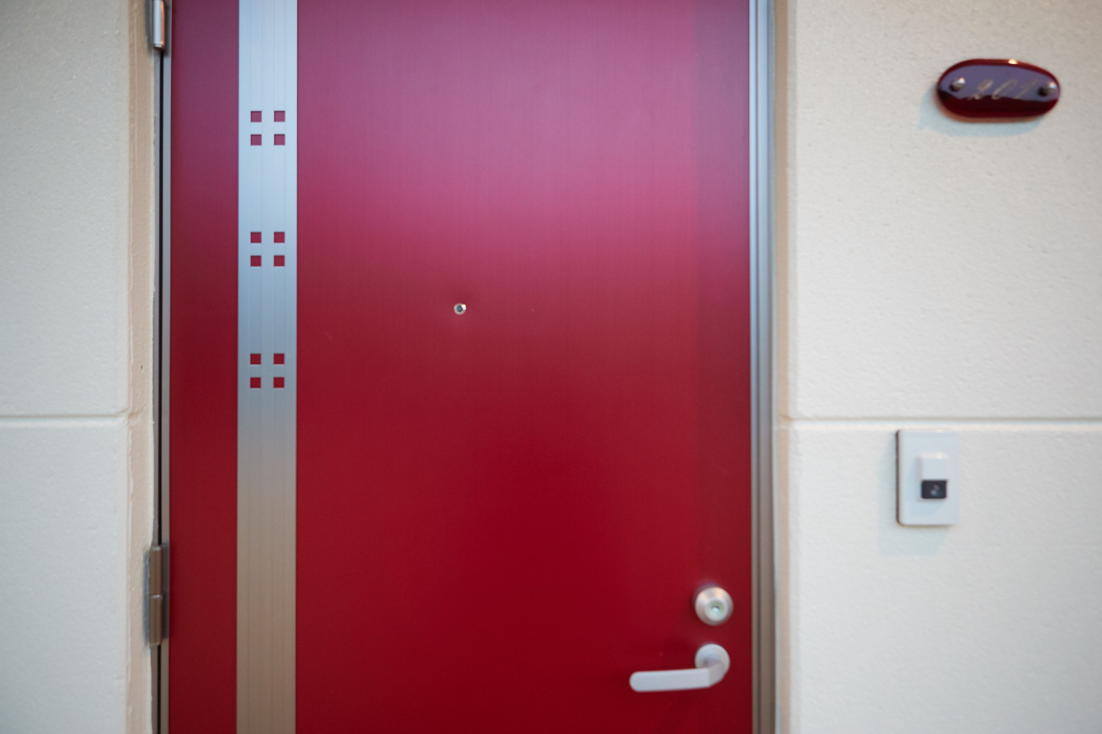 A red door with a handle, a peephole, and a light switch on the wall.