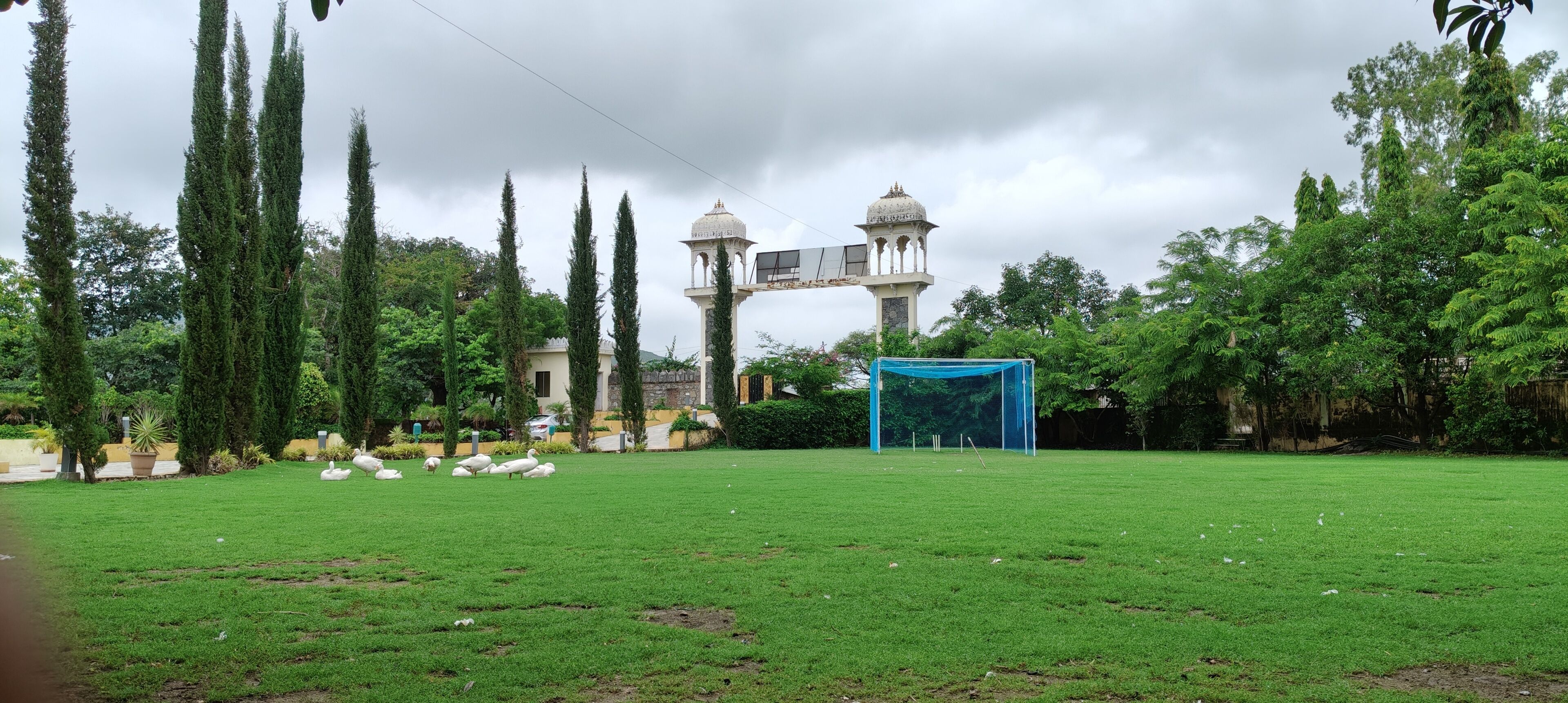 A grassy field with a blue sports net, tall trees, and a building with a tower in the background.