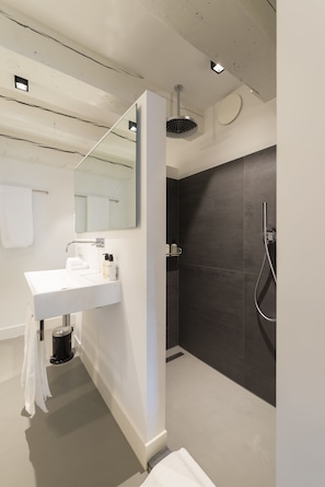 Luxury Double Room, 1 King Bed (front of building - Basement) | Bathroom | Shower, rainfall showerhead, designer toiletries, hair dryer