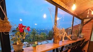 Une table à manger en bois, avec des chaises, des plantes en pot et une vue sur l’extérieur.