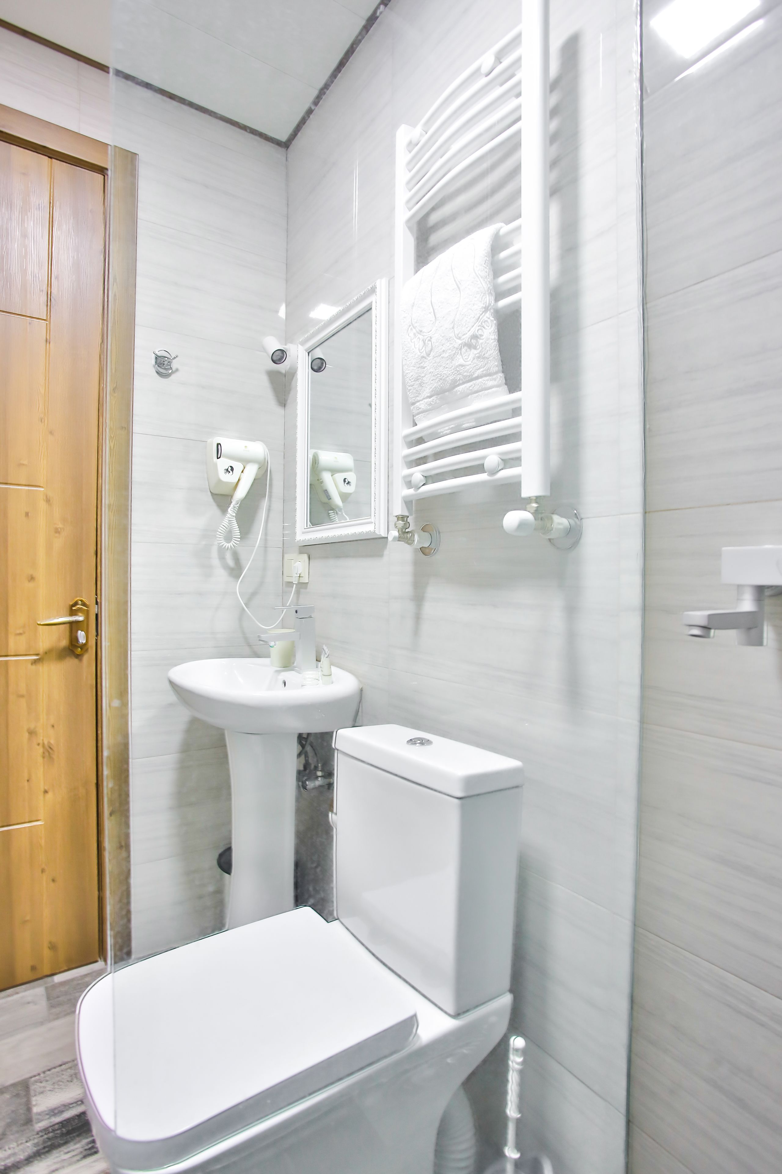 A bathroom with a toilet, sink, and hairdryer.
