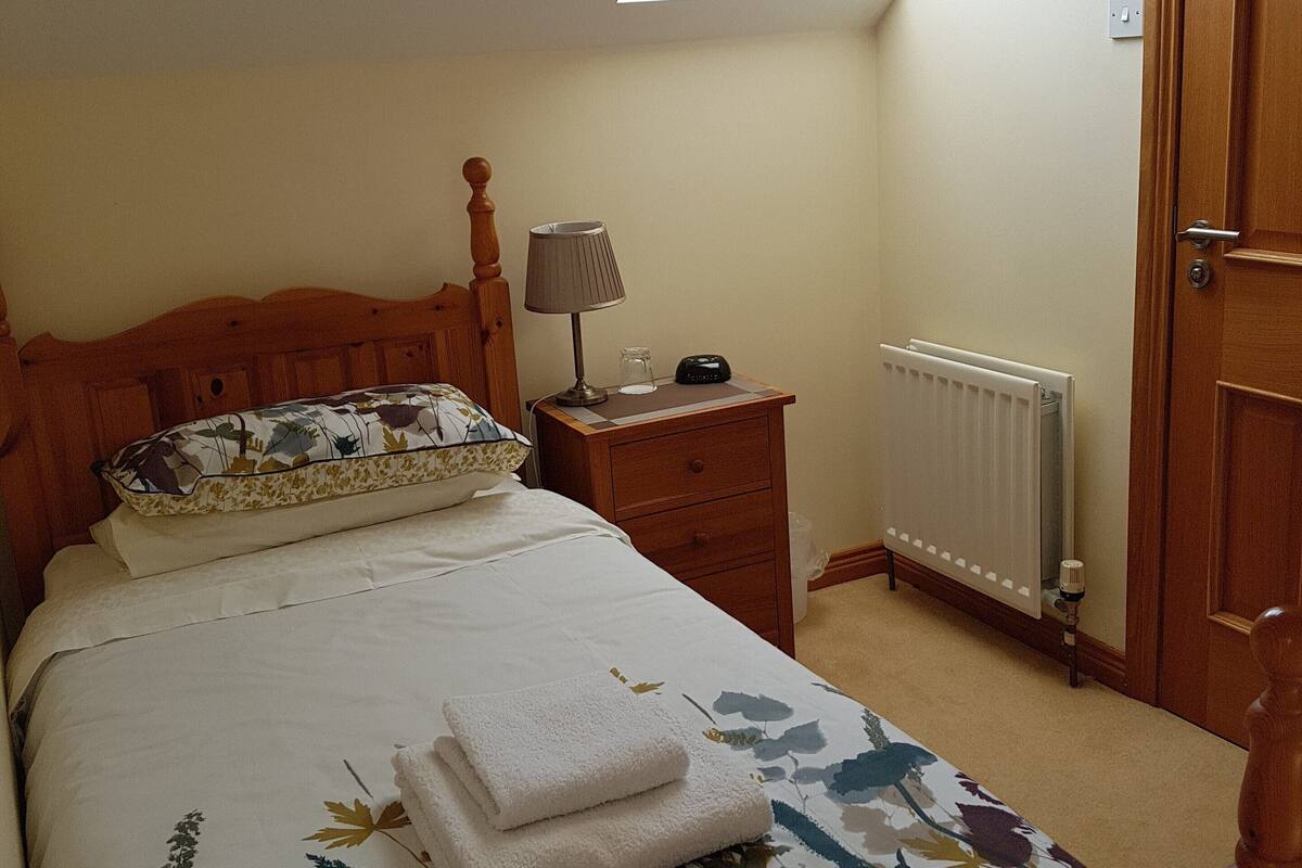 A bedroom with a skylight, a bed with floral bedding, a bedside table with a lamp, and a radiator.