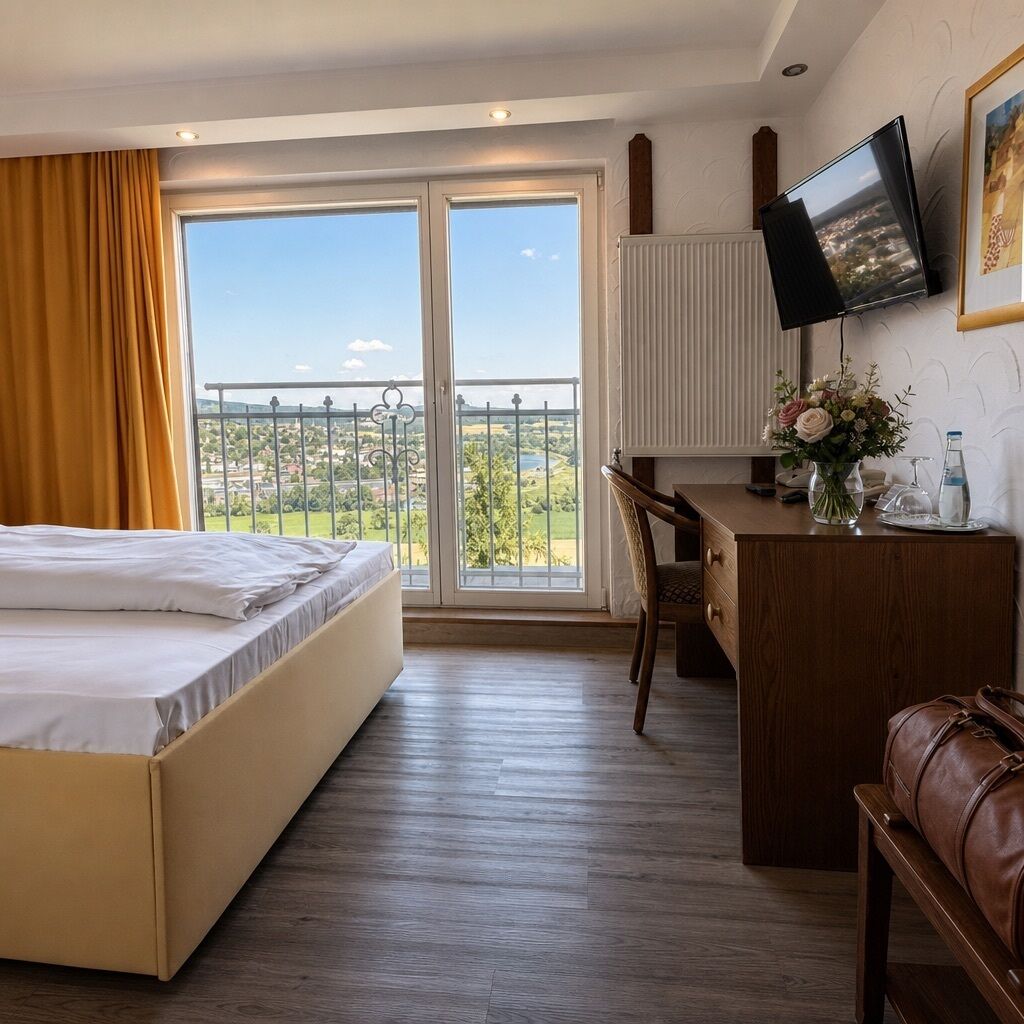 Habitación de hotel con cama, escritorio, silla, televisor y vistas al exterior.