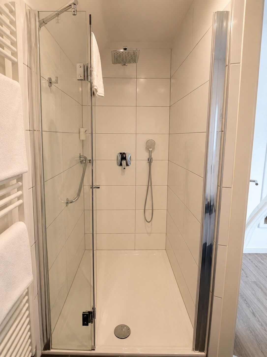A modern shower room with a glass door, a handheld showerhead, a wall-mounted showerhead, and a towel rack.