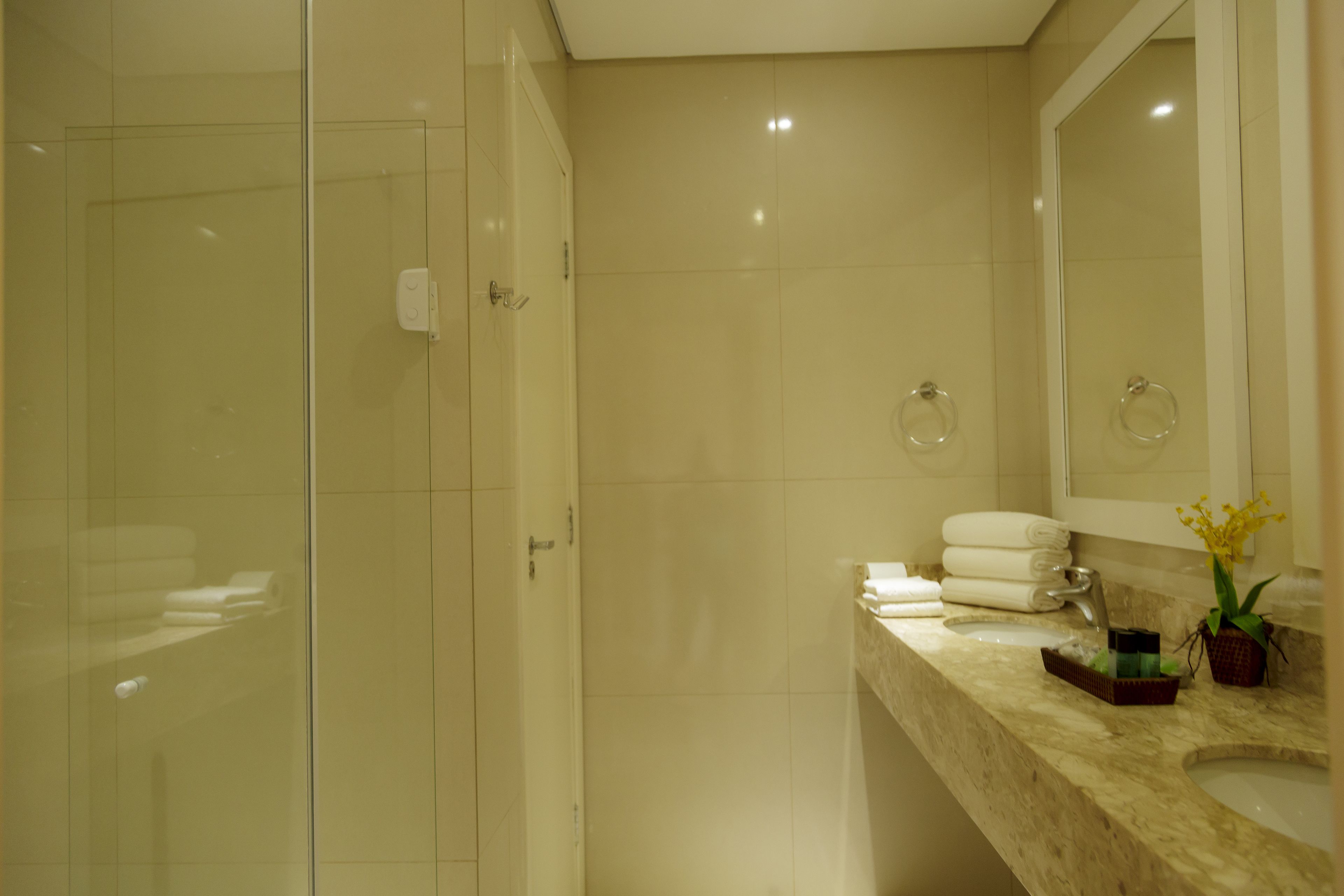 shower, free toiletries, hair dryer, towels