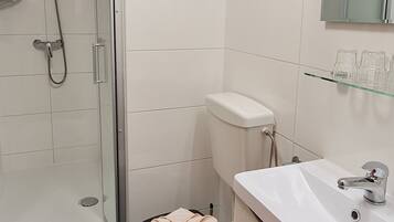A modern bathroom with a glass shower enclosure, a toilet, and a sink with a mirror above.