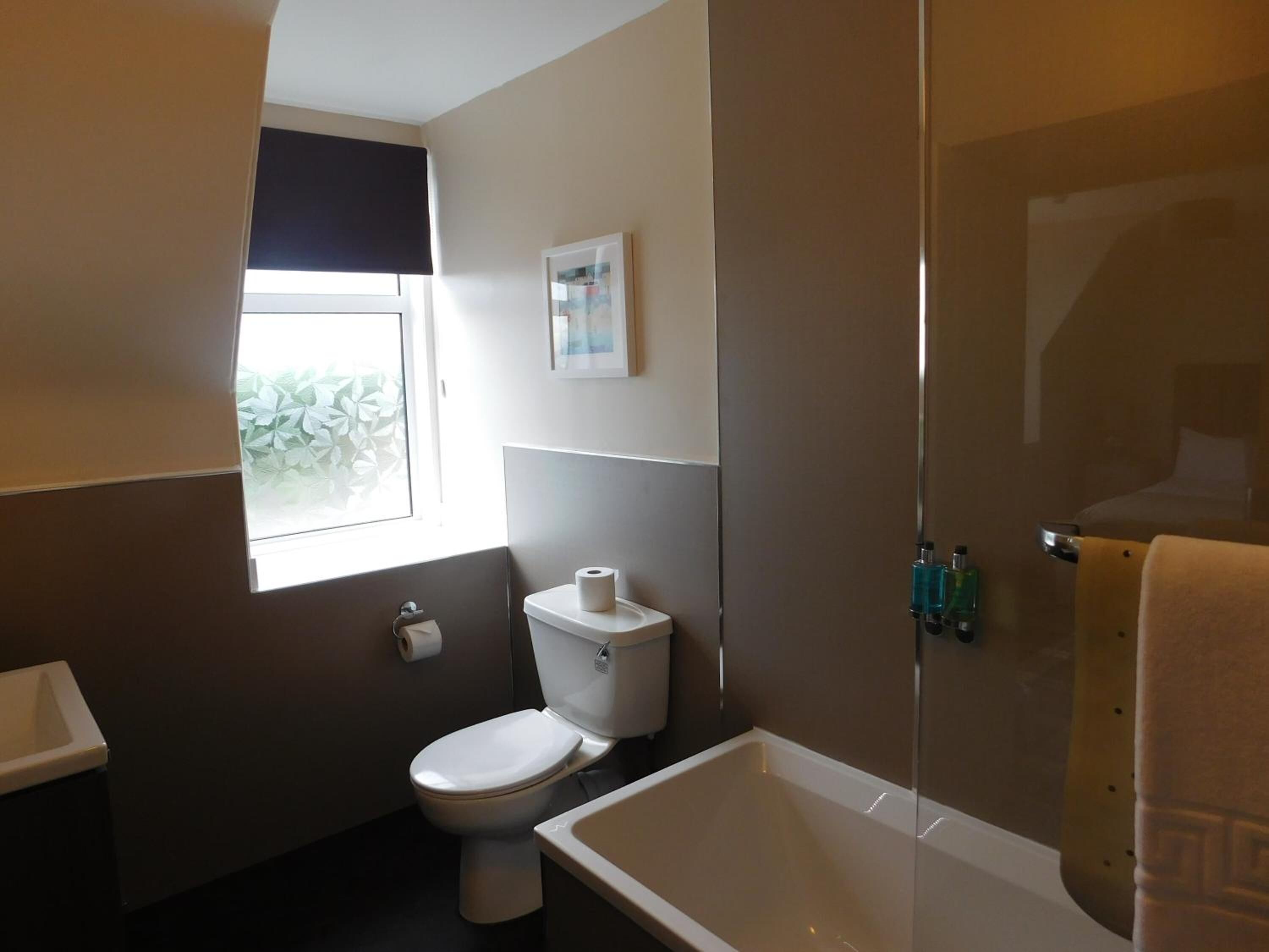 A bathroom with a toilet, a bathtub, and a window.