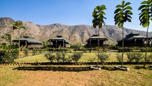 A traditional building with a thatched roof, surrounded by a well-maintained garden with small trees and a clear view of a mountainous landscape in the background.