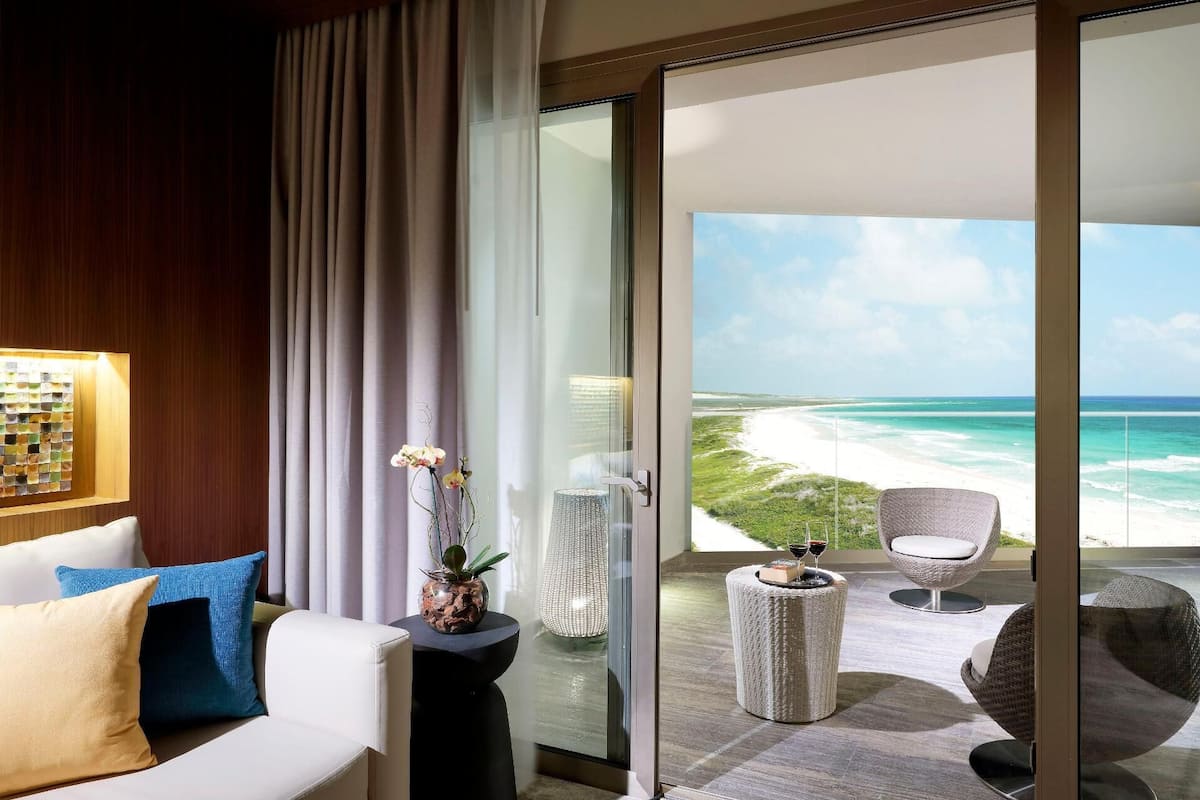 Memory-foam beds, free minibar, in-room safe, desk