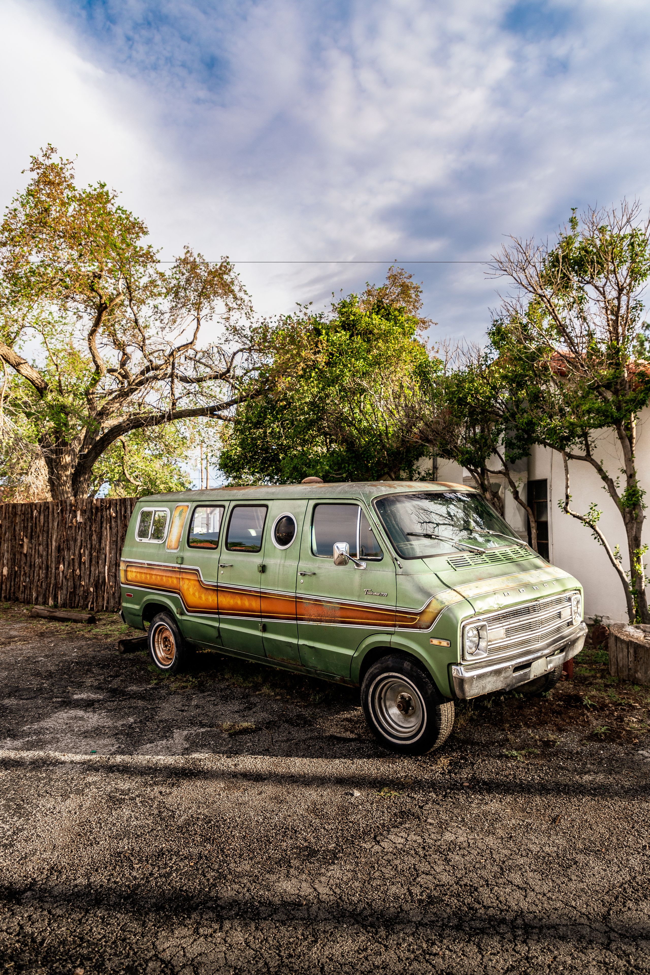 A green van parked in a driveway with trees and a wooden fence in the background.