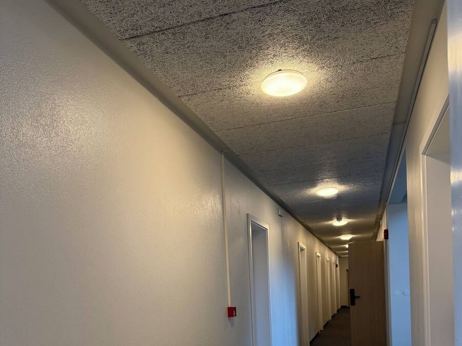 Un pasillo con paredes blancas, un radiador, un banco y una alfombra estampada.