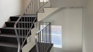 A staircase with metal railings and carpeted steps leading to a landing.
