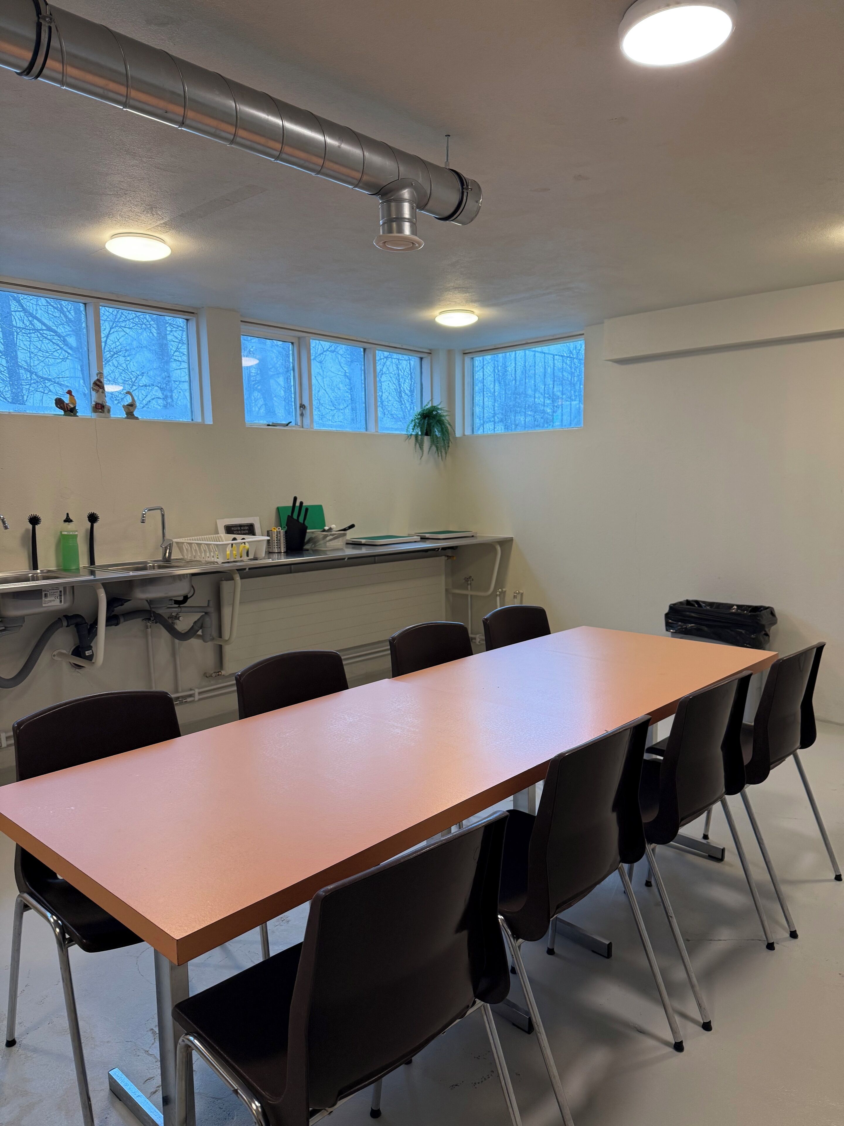 A conference room with a long table, black chairs, a window with a view of trees, and a ceiling vent.