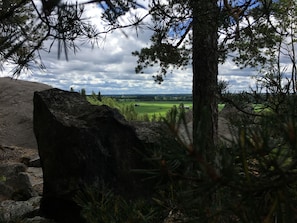 Un paysage naturel comprenant un grand rocher, des pins et, au loin, une vue sur un champ verdoyant et un petit bâtiment.