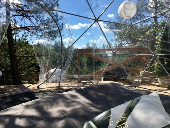 Une structure en forme de dôme transparent, dotée d’une ossature métallique, d’une plateforme en bois et d’une lanterne suspendue.