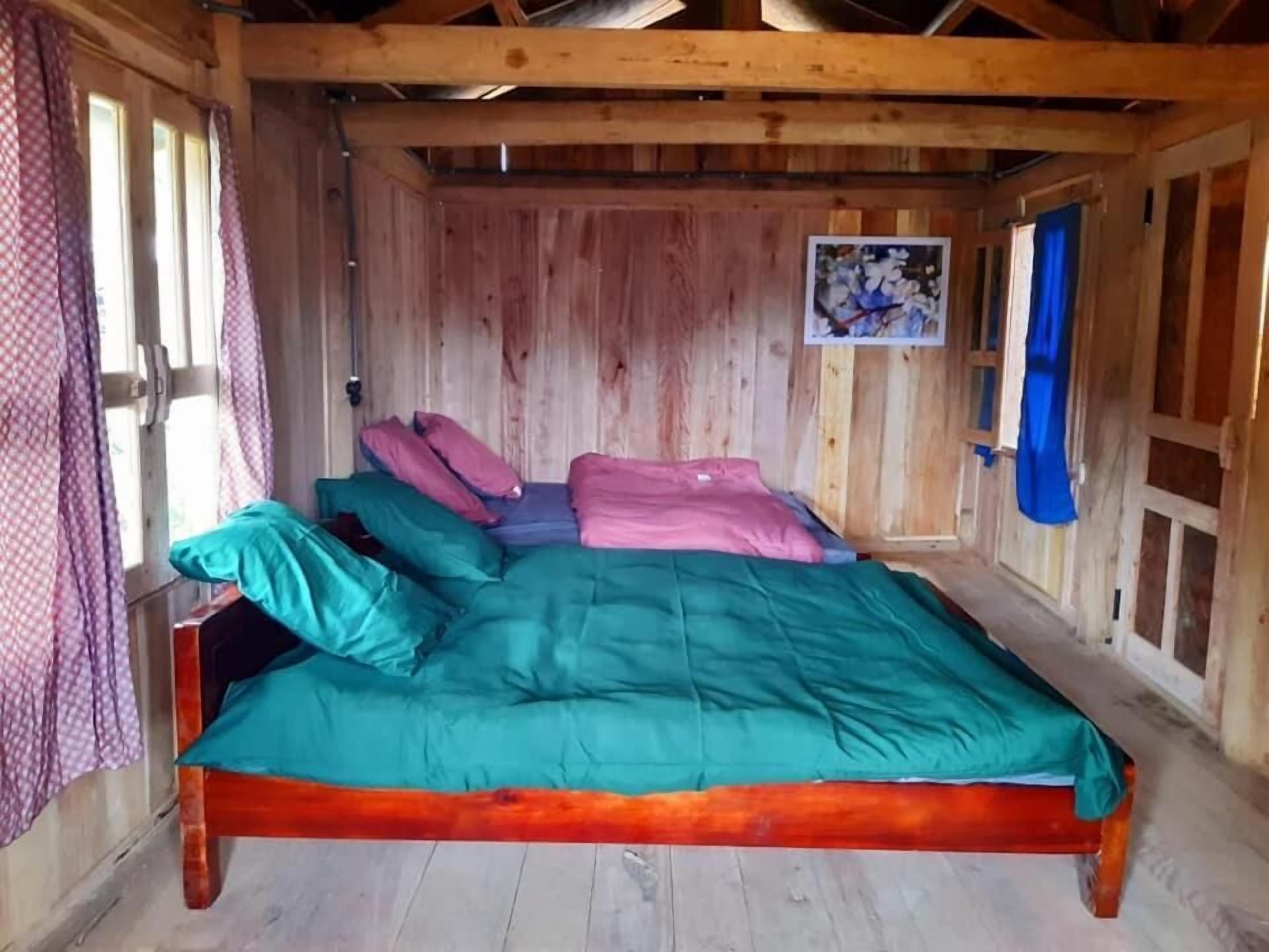 A wooden cabin room with a bed, wooden walls, and a window with curtains.