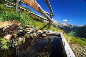 Une construction rustique en bois, avec un ruisseau qui serpente entre les rochers, le tout entouré de verdure et dominé par un paysage montagneux.