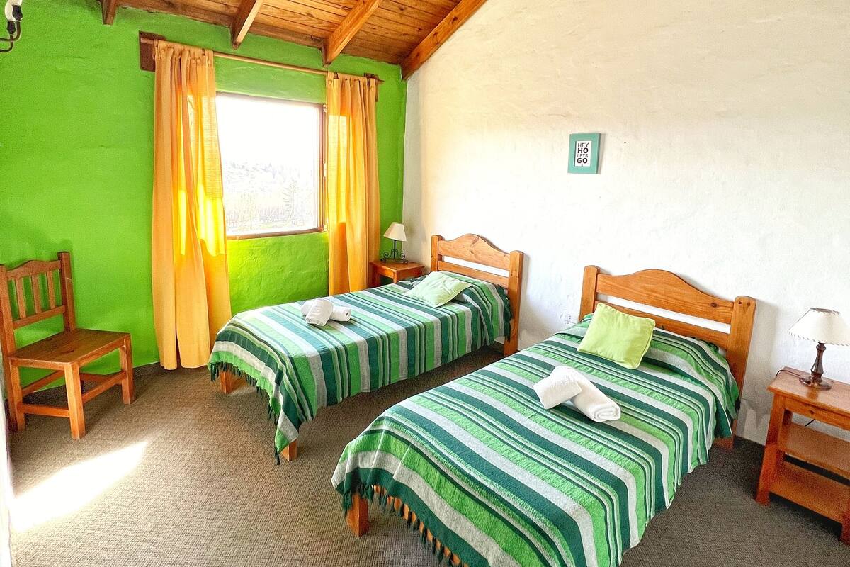 A room with two single beds, wooden headboards, a green wall, a window with curtains, a wooden chair, and a small table with a lamp.