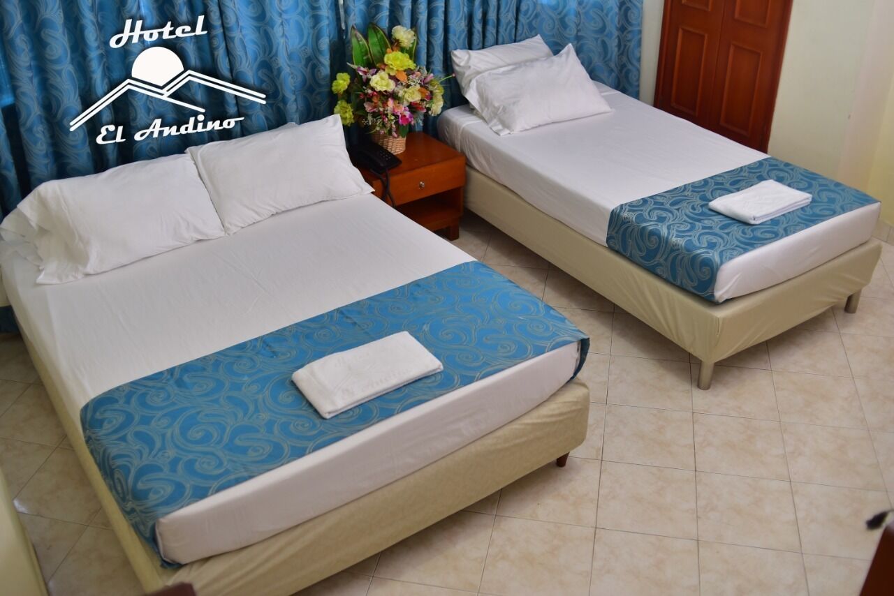 A hotel room with two single beds, a nightstand with a floral arrangement, and a wooden door.