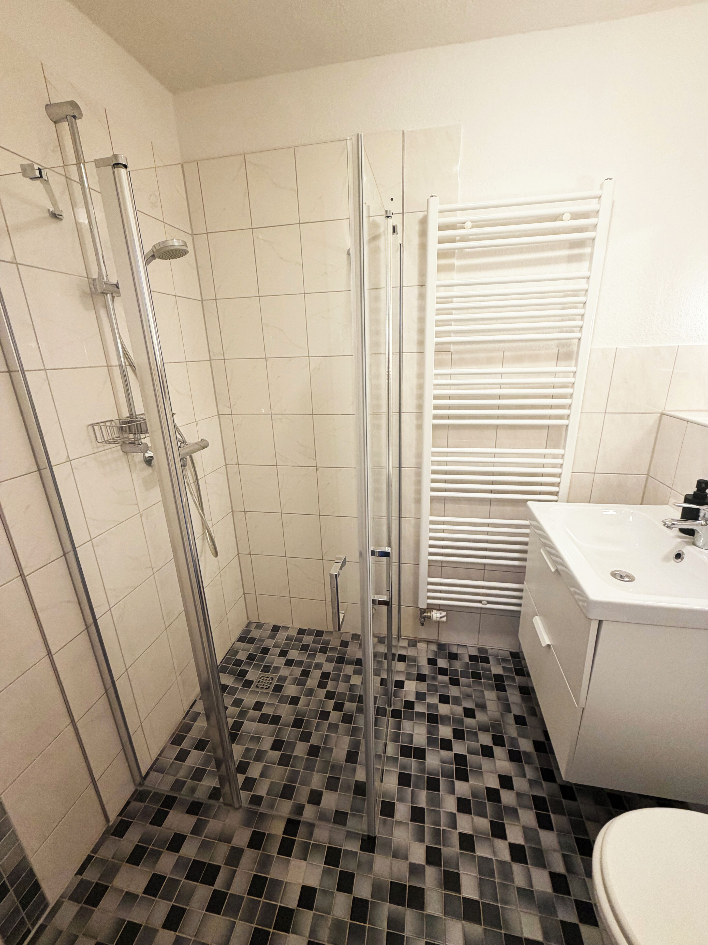Une salle de bain avec une douche, des toilettes et un lavabo.