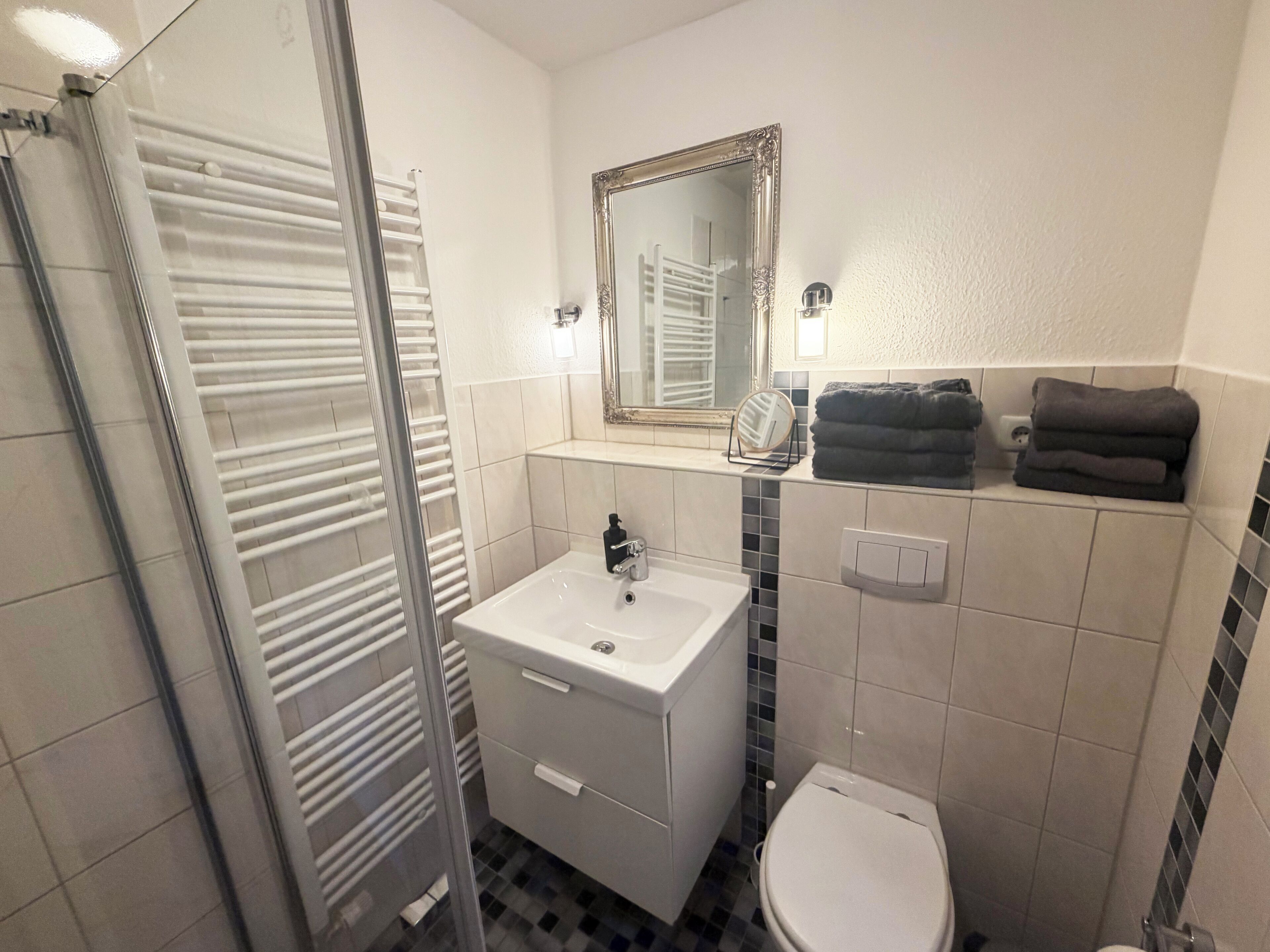 A bathroom with a glass shower enclosure, a white sink, a mirror, and a toilet.