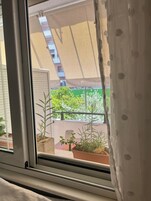 A window with a view of a balcony with potted plants and a green fence.