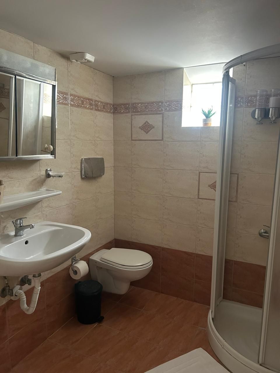 Un baño con lavamanos, inodoro y ducha.