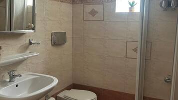 Un baño con lavamanos, inodoro y ducha.