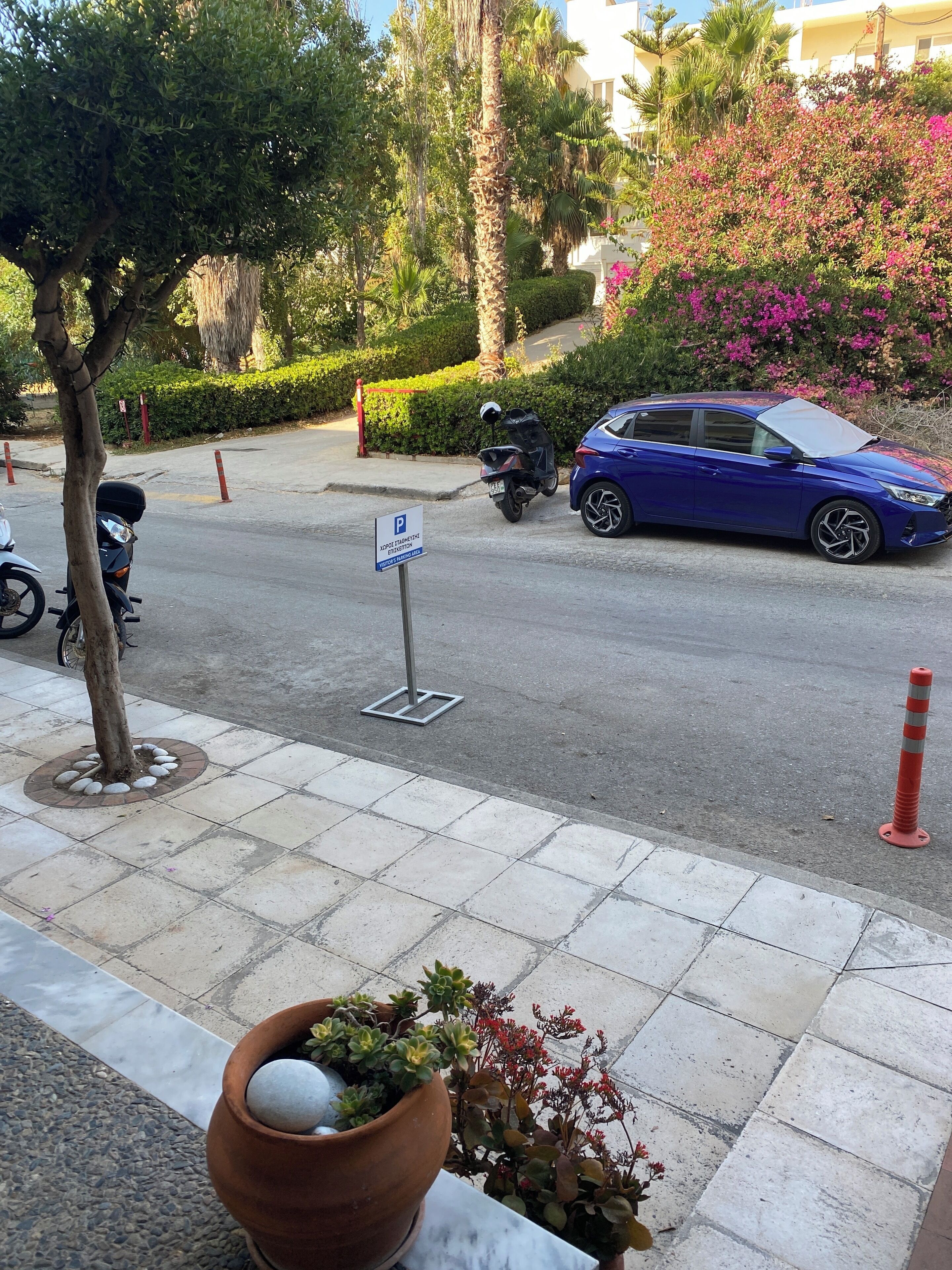 A parking area with a blue car, a scooter, and a motorcycle. There are potted plants and a tree on the sidewalk.