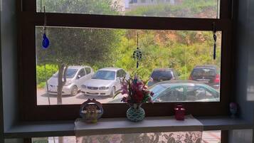 A window with a view of parked cars and greenery outside.