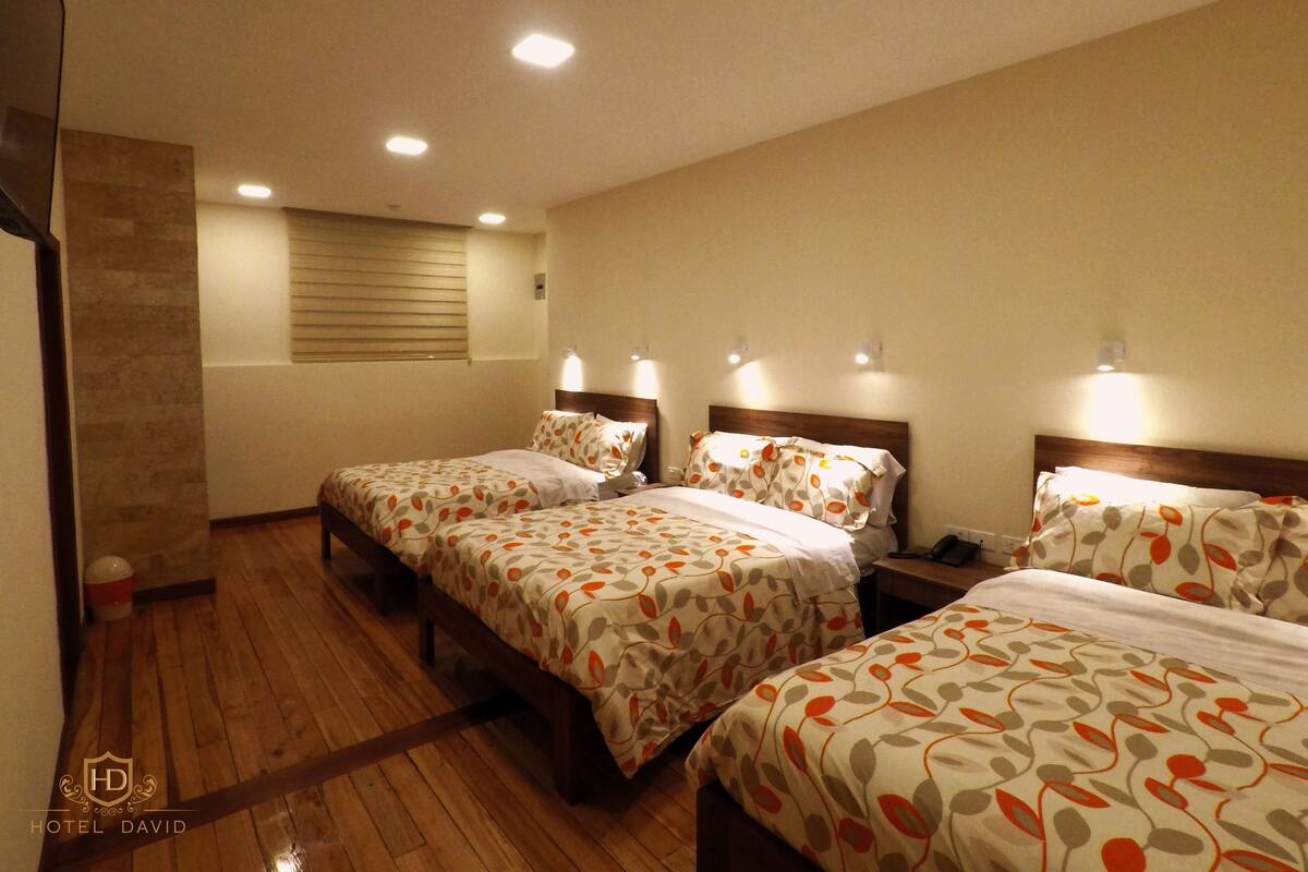 Quarto de hotel com três camas, piso de madeira e uma parede de destaque em pedra.