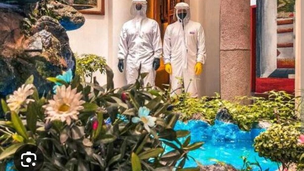 Two individuals in protective suits standing in a room with a fountain and indoor plants. - Hotel David (Quito)