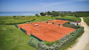 An aerial view of a tennis court with a surrounding green area and a path leading to a building.