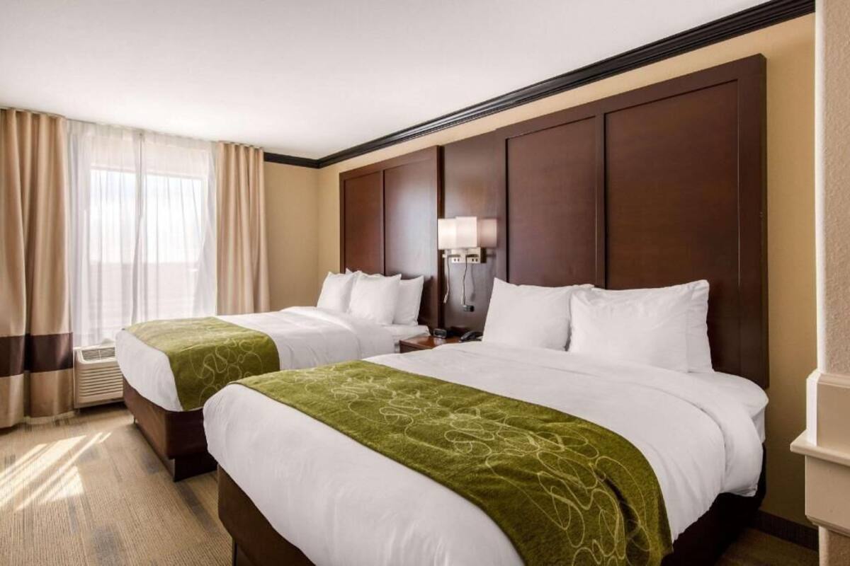 A hotel room with two beds, a large window with curtains, a bedside lamp, and a wall-mounted TV.