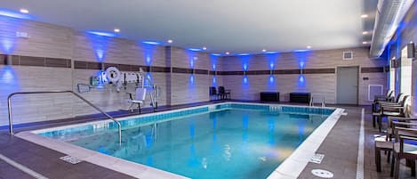 Indoor pool, open 9:00 AM to 9:00 PM, sun loungers