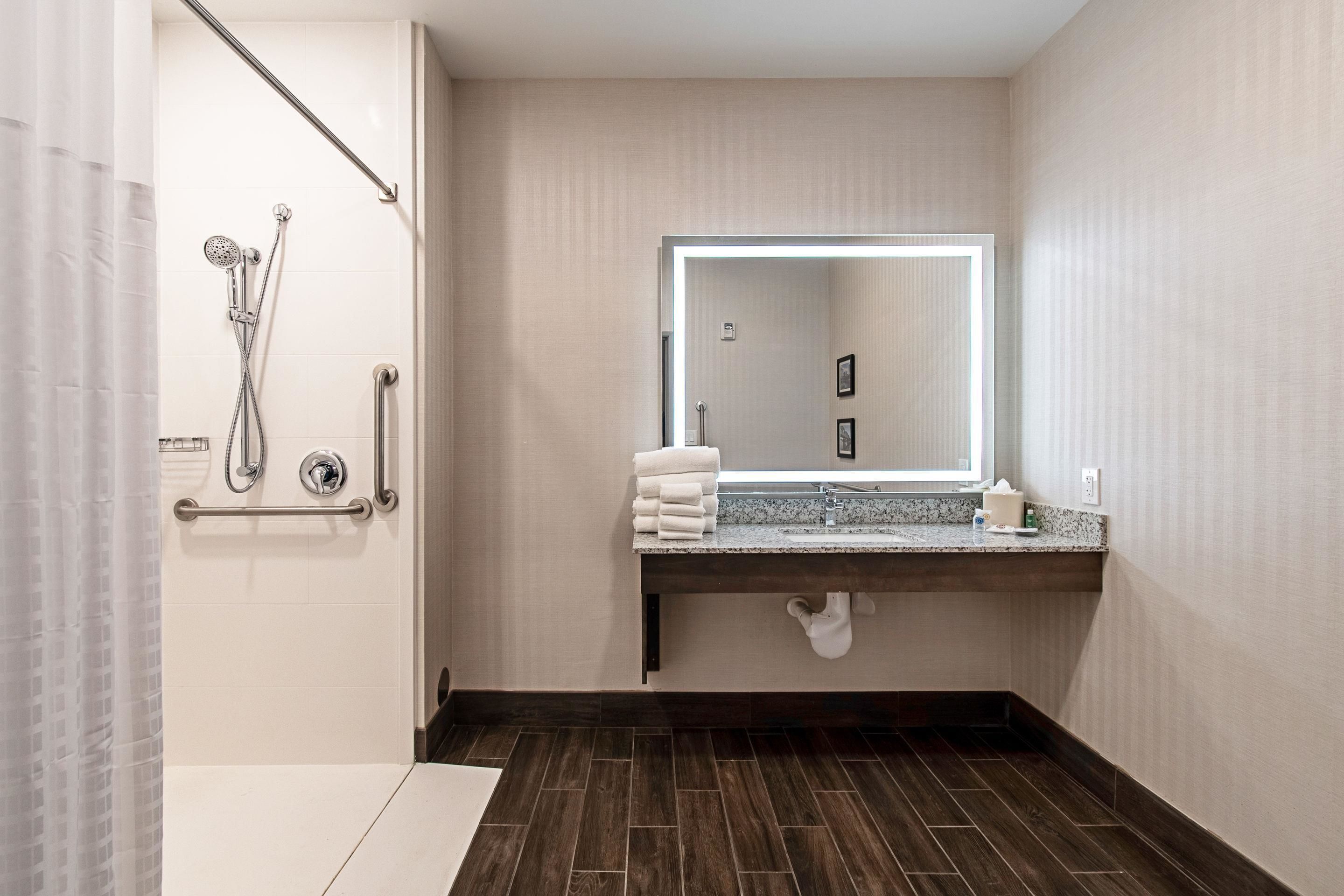 suite, 1 king bed, accessible, non smoking (roll-in shower) | bathroom | hair dryer, towels