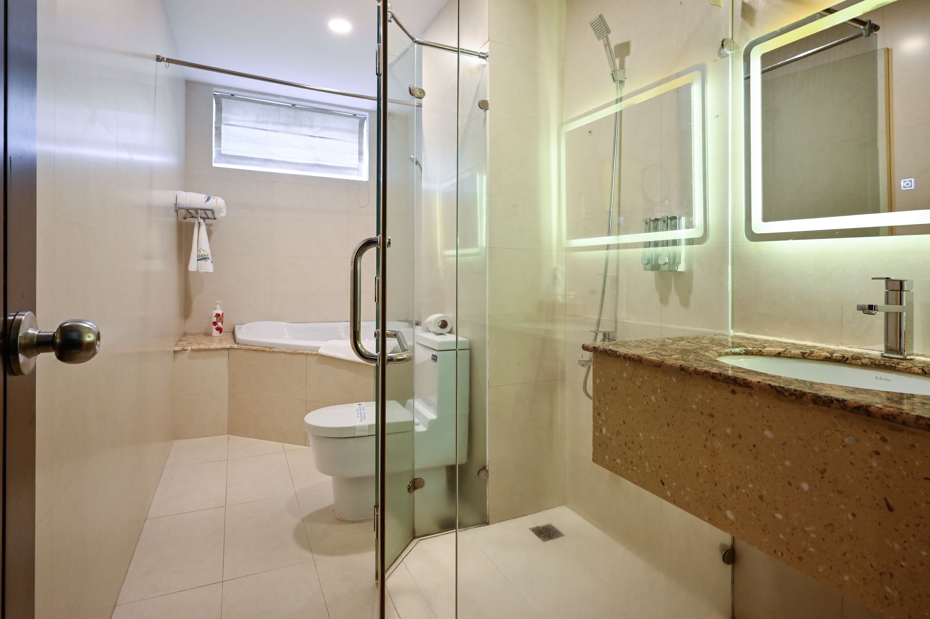 A modern bathroom with a glass-enclosed shower, a toilet, and a sink with a granite countertop.