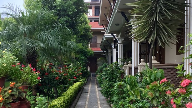 Un étroit sentier bordé de plantes et de fleurs en pot mène à un bâtiment doté d’un balcon.