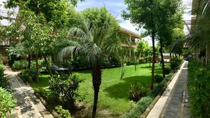 Un jardin luxuriant, agrémenté de divers arbres et arbustes, d’un sentier en pierre et d’une pelouse bien entretenue.