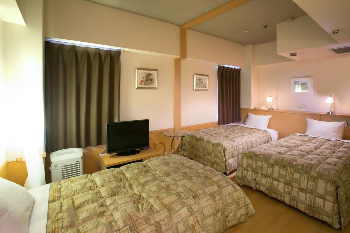Une chambre d’hôtel avec deux lits, une télévision, un bureau et une fenêtre avec des rideaux.