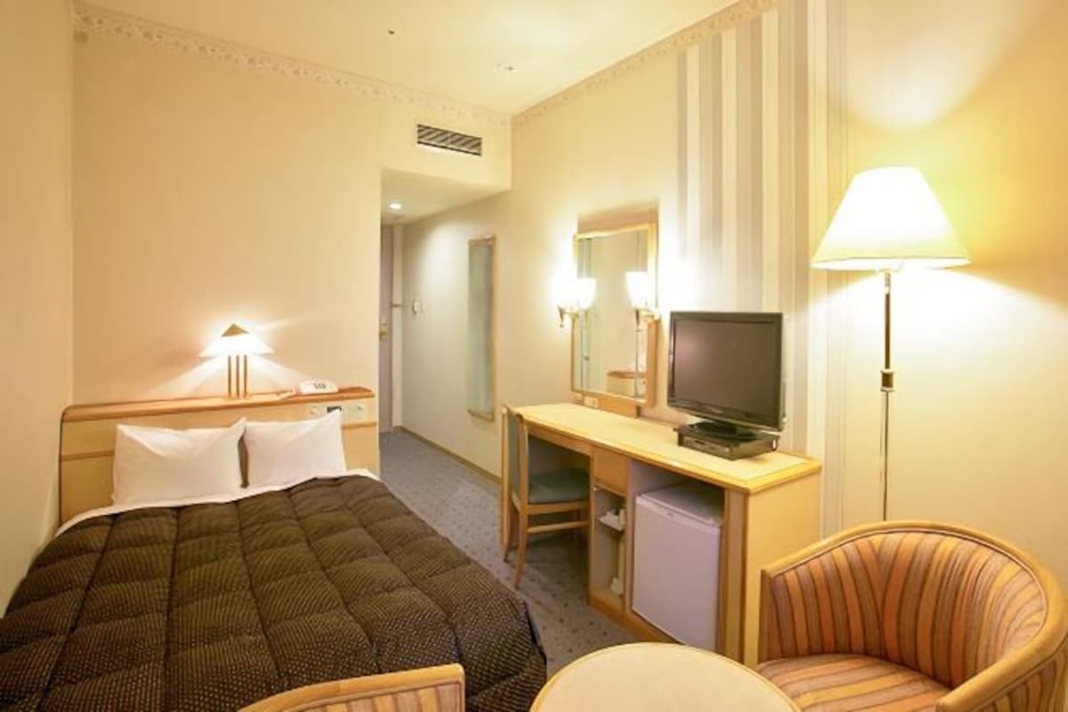 Een hotelkamer met een bed, bureau, televisie, stoel en lampen.