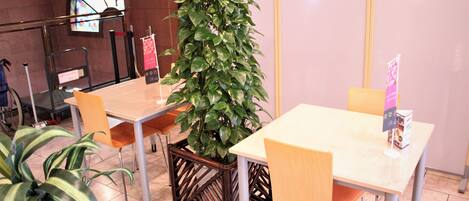 L’intérieur d’un restaurant avec deux tables, des chaises, une grande plante en pot et une vue sur un vitrail.