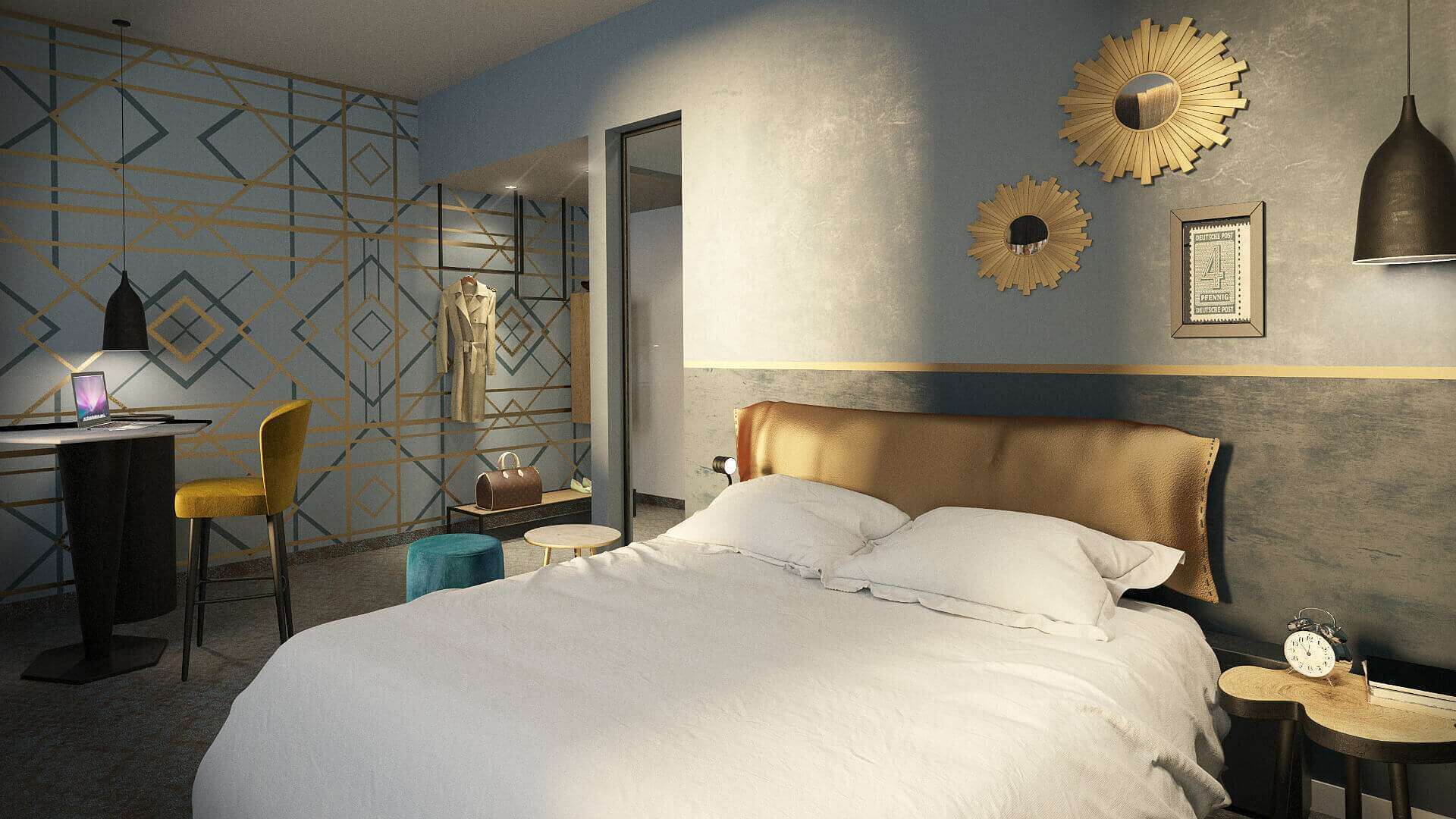 Habitació d'hotel moderna amb un llit gran, una taula de treball amb cadira i decoració mural.