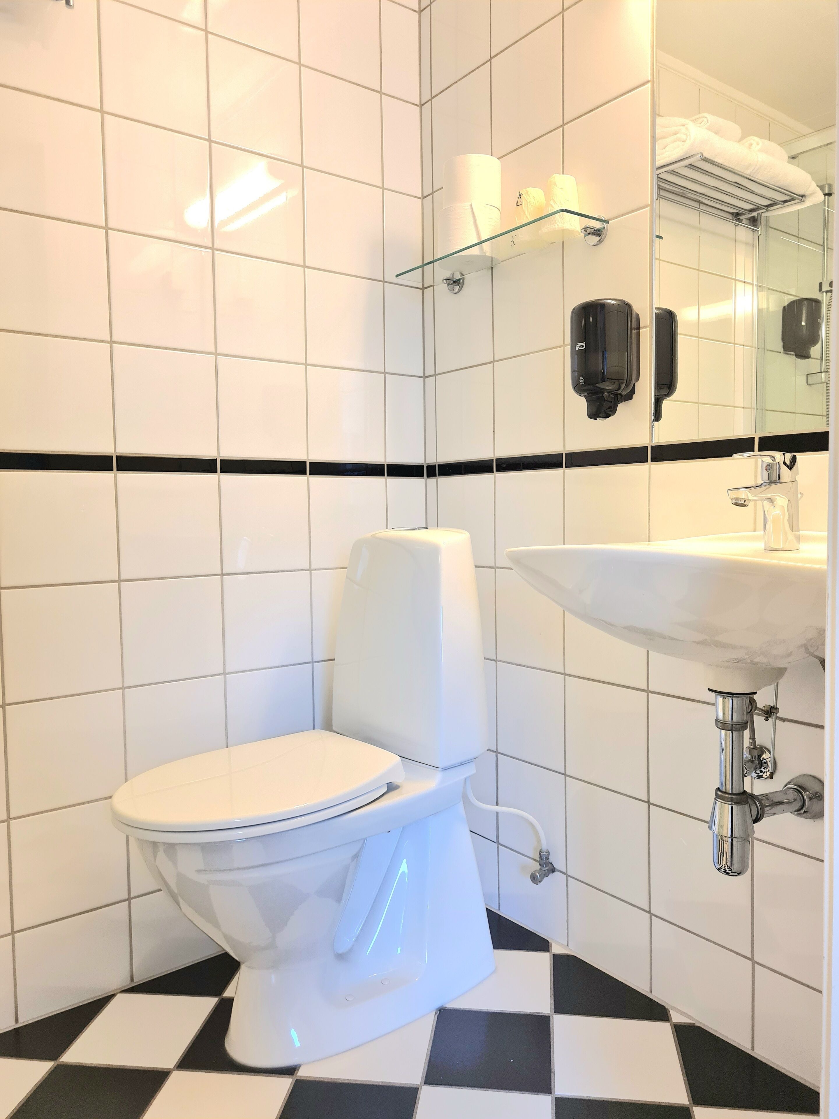 Un baño con inodoro blanco, lavamanos y espejo.
